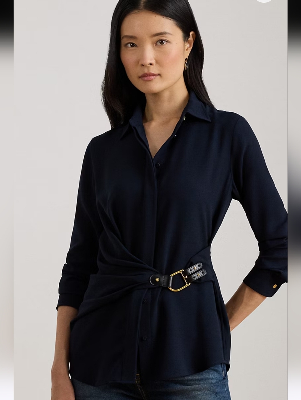 NWT Lauren Ralph Lauren Buckle-Trim Georgette Blouse Navy Size 18